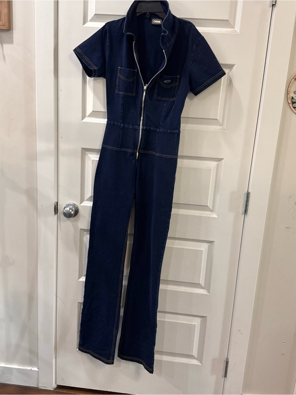 Freddy Dark Blue Short-Sleeve Denim Jumpsuit with Front Zip!